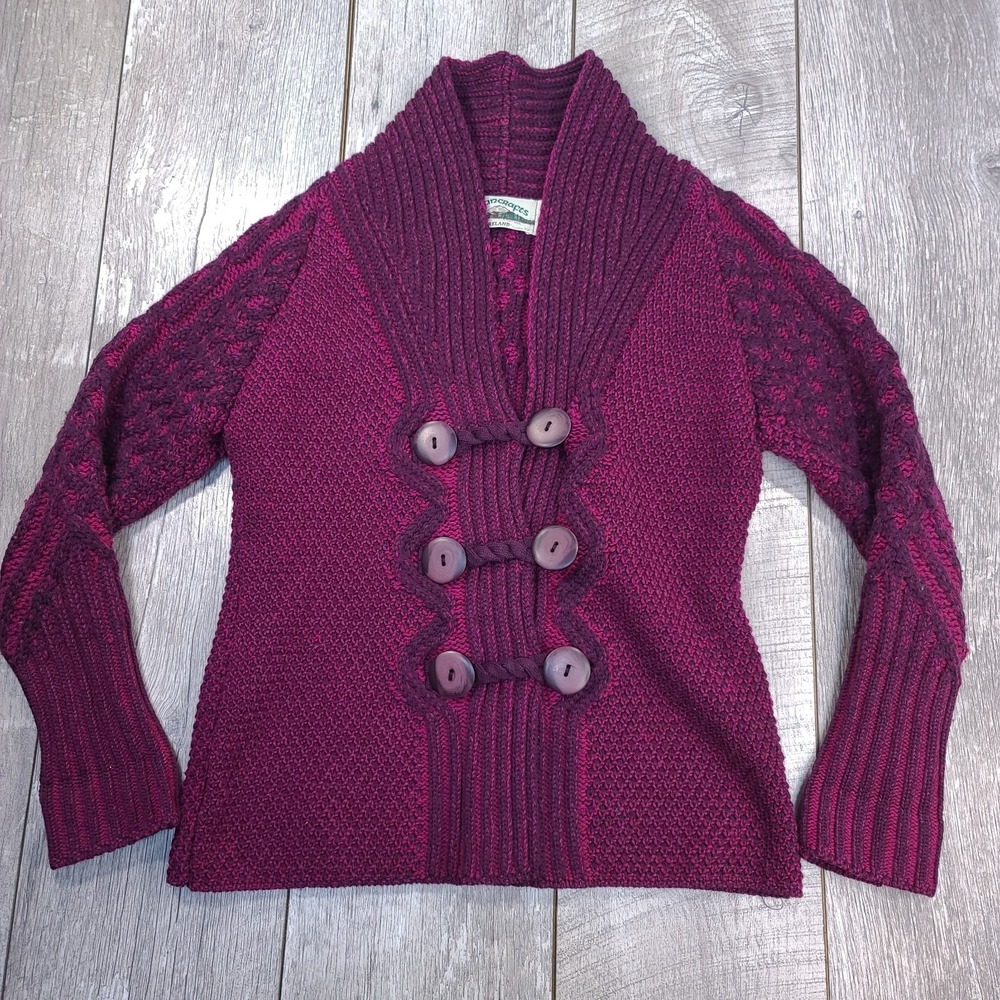 Aran Crafts Cardigan Womens Large Purple Merino Wool Button Sweater Ireland